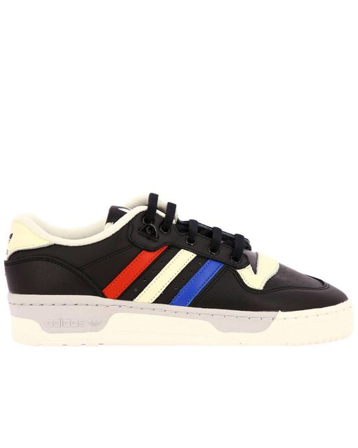 Adidas Originals Black Rivalry Low Sneakers In Leather With Tricolor Stripes And Macro Holes for men