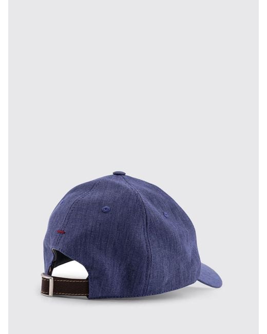 Brunello Cucinelli Blue Linen Hat With Embroidered Logo for men