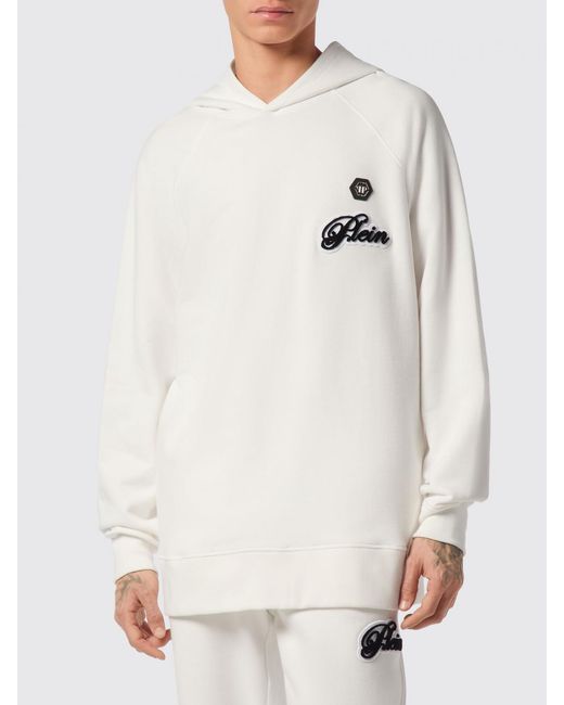 Philipp Plein White Jersey Hoodie With Contrasting Logo for men