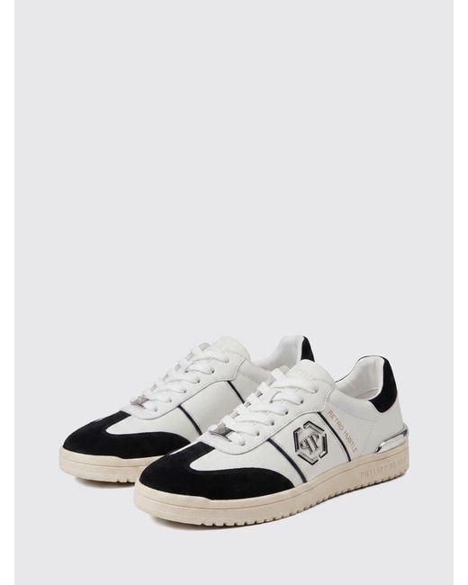 Philipp Plein White Retro Hustle Leather Sneakers With Hexagon Logo for men