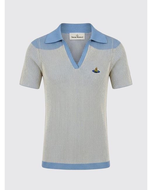 Vivienne Westwood Blue Slim Fit Striped Ribbed-Knit Polo With V-Neck And Orb Logo