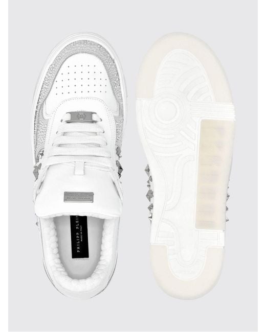 Philipp Plein White Low-Top Leather And Suede Sneakers With Studs And Rhinestones for men