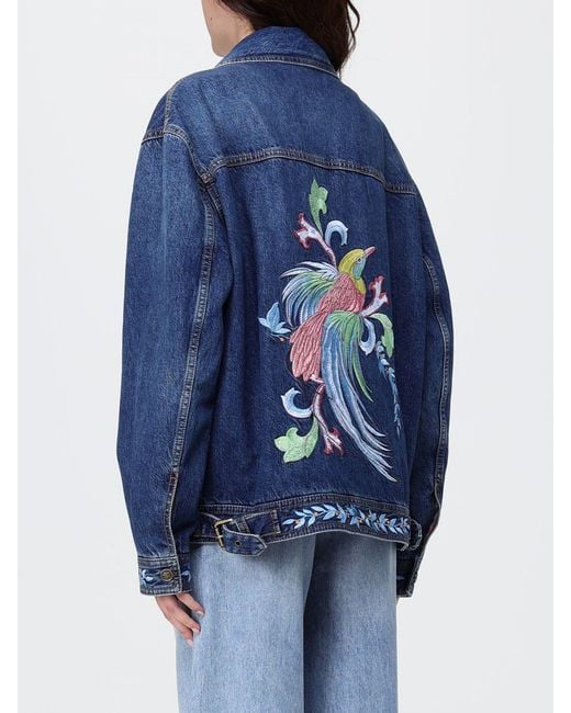 Etro Blue Cropped Embroidered Cotton Denim Jacket With Zip Closure