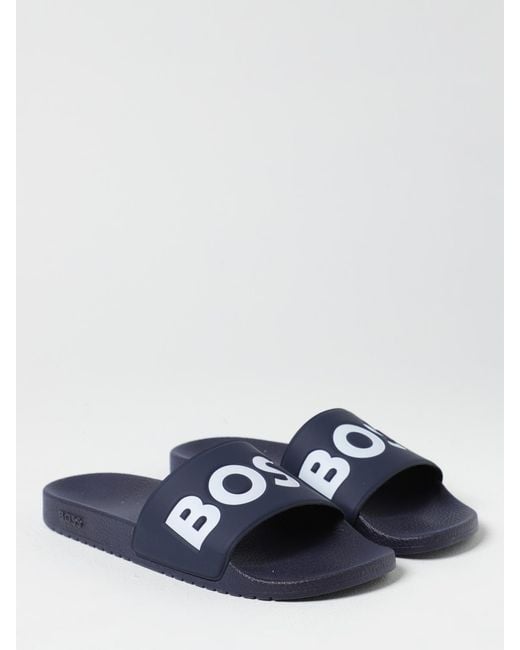 Boss Blue Rubber Sliders With Logo Print for men