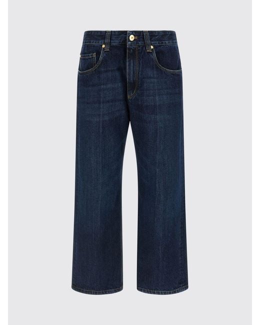 Brunello Cucinelli Blue High-Waisted Cropped Cotton Denim Jeans With Monili