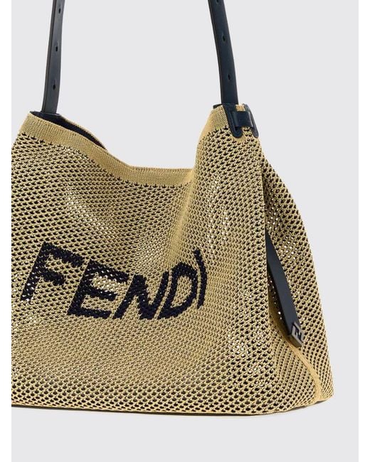Fendi Natural Perforated Raffia Shoulder Bag With Lettering Logo And Leather Handle for men