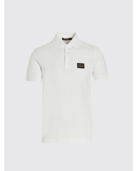 Polo in cotone piquet con placca logo di Dolce & Gabbana in White da Uomo
