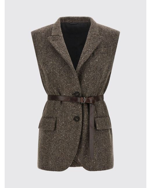 Brunello Cucinelli Gray Chevron Wool Tailored Waistcoat With Belt