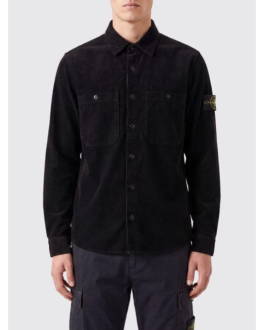 Stone Island Black Slim Fit Corduroy Shirt With Applied Compass Logo for men