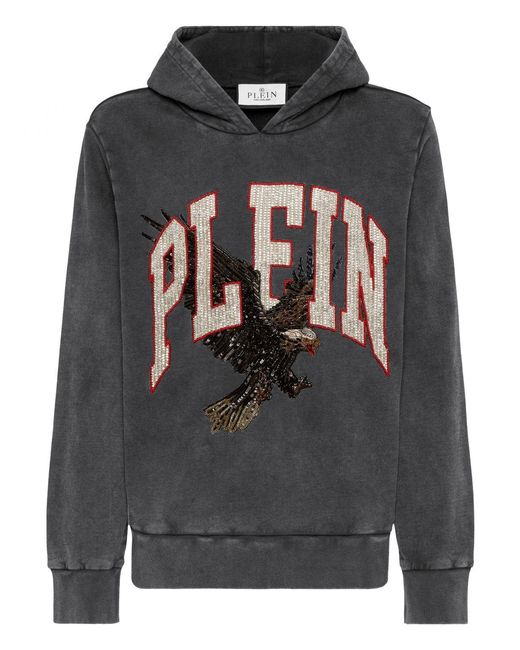 Philipp Plein Gray Graphic Print Cotton Hoodie With Logo for men