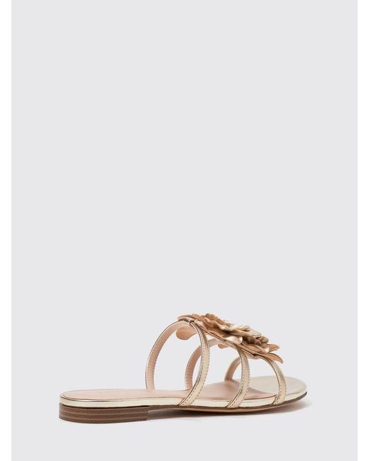 Twinset Metallic Laminated Leather Slide Sandals With Flower Appliqué And Low Heel