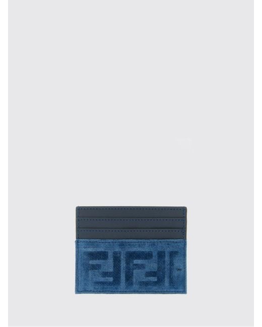 Fendi Blue Ff Velvet And Leather Card Holder