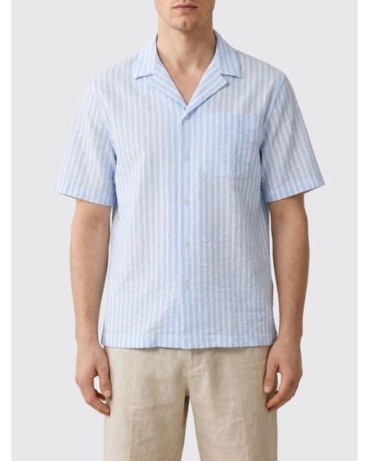Altea Blue Striped Cotton Bowling Shirt With Cuban Collar And Short Sleeves for men