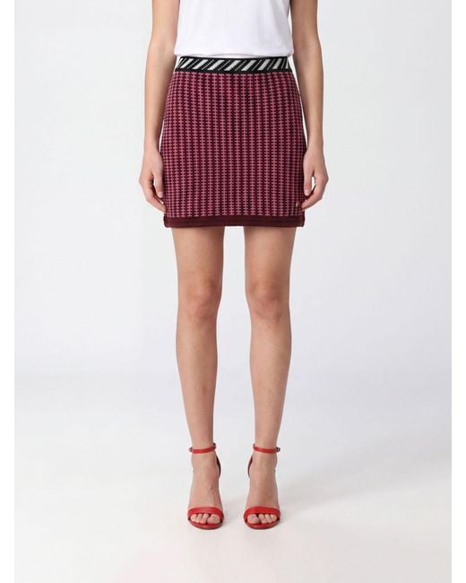 Versace Red Geometric Pattern Virgin Wool Knit Pencil Miniskirt