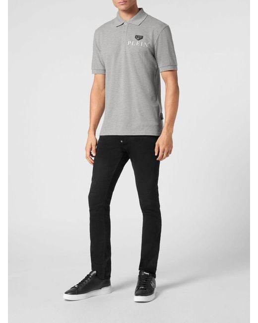 Philipp Plein Gray Short-Sleeve Stretch Cotton Polo Shirt With Metal Logo for men