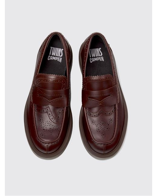Camper Brown Twins Leather Loafer With Brogue Pattern for men