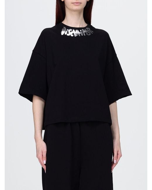 DISCLAIMER Black Cropped Cotton T-Shirt With Printed Logo And Crew Neck