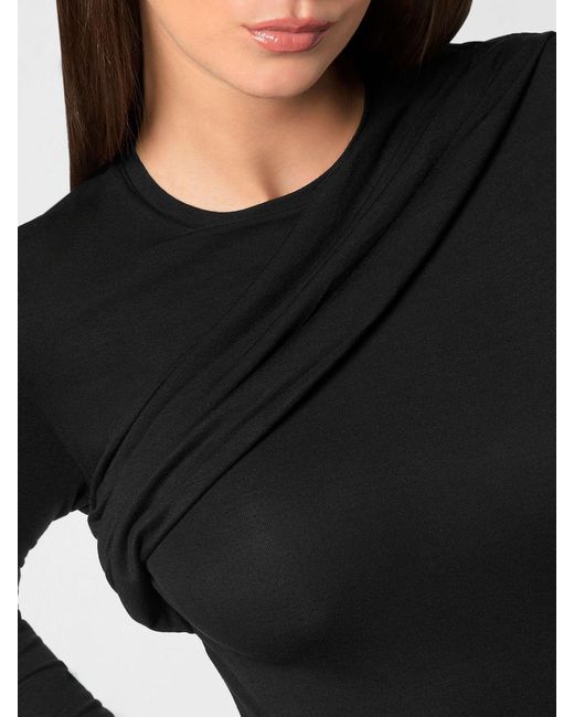 Philipp Plein Black Draped Long-Sleeved Modal Top With Ruched Shoulders