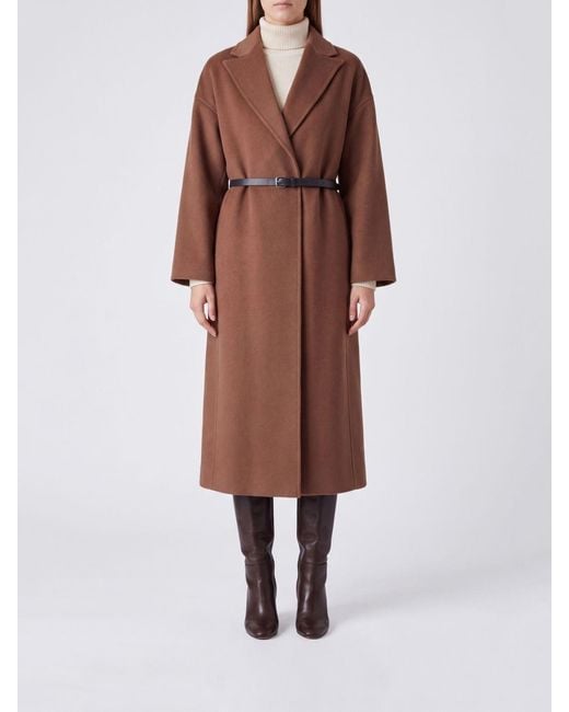 Semicouture Brown Peak Lapel Long Wool Robe Coat With Self-Tie Belt