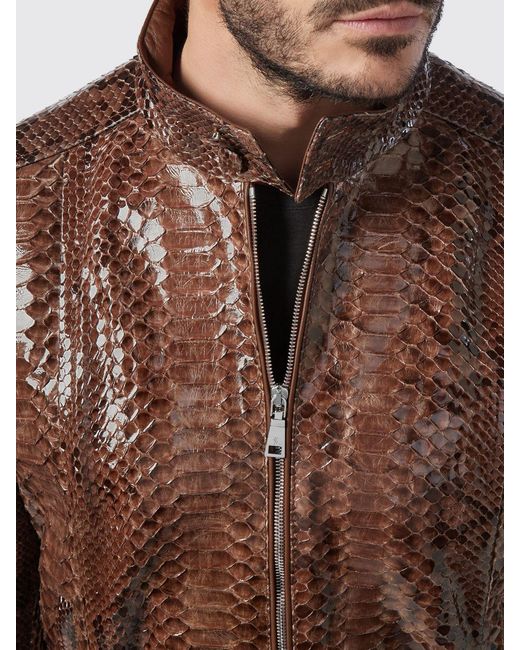 Billionaire Brown Snakeskin Leather Bomber Jacket With High Collar And Zip Closure for men