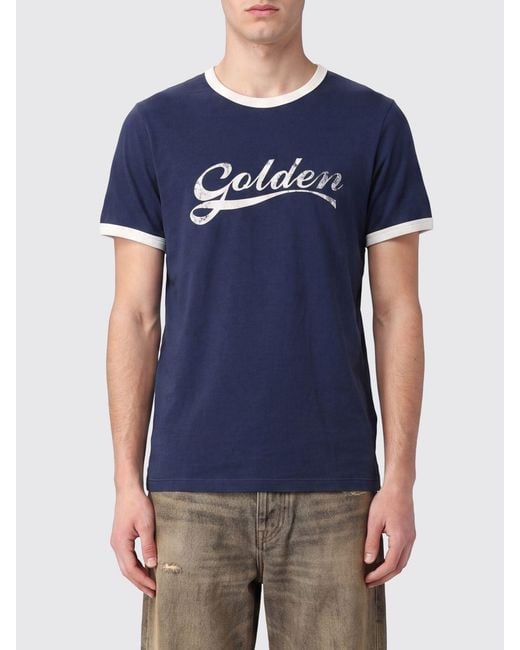 Golden Goose Deluxe Brand Blue Slim Fit Cotton T-Shirt With Printed Logo And Contrast Trims for men