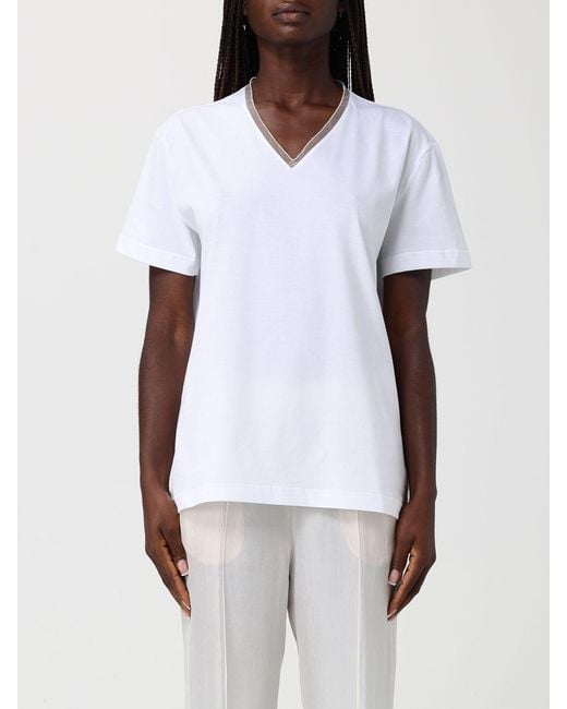Fabiana Filippi White V-Neck T-Shirt With Diamond Thread Inlays