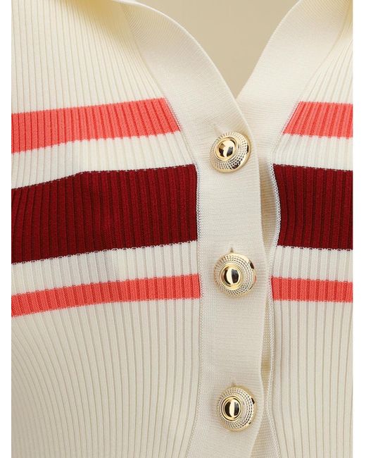 Self-Portrait White Striped Viscose Knit Polo Cardigan