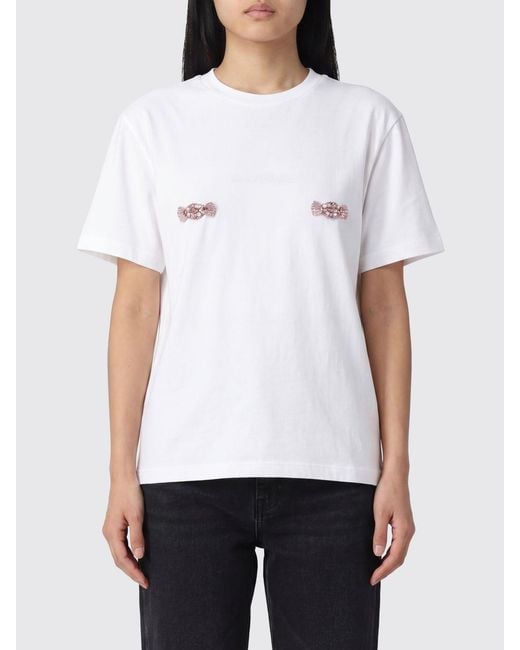 Des Phemmes White Cotton T-Shirt With Crystal Appliqués And Dropped Shoulders