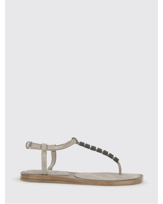 Brunello Cucinelli Natural Suede Thong Sandal With Monile