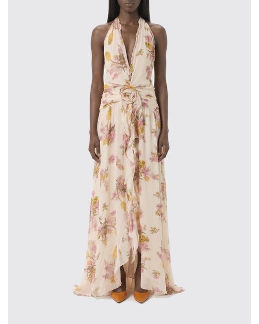 Blumarine Natural Long Georgette Dress With Floral Print