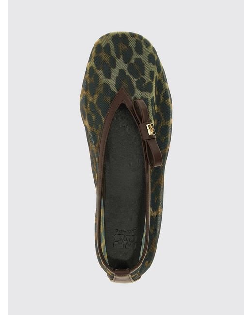 Ganni Green Jenny Animalier Print Mesh Nylon Ballerina Flats With Bow
