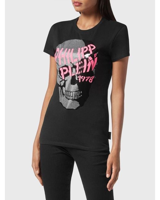 Philipp Plein Black Slim Fit Jersey T-Shirt With Rhinestone Skull Print