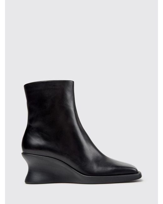 Camper Black Louise Smooth Leather Wedge Ankle Boots With Squared Toe