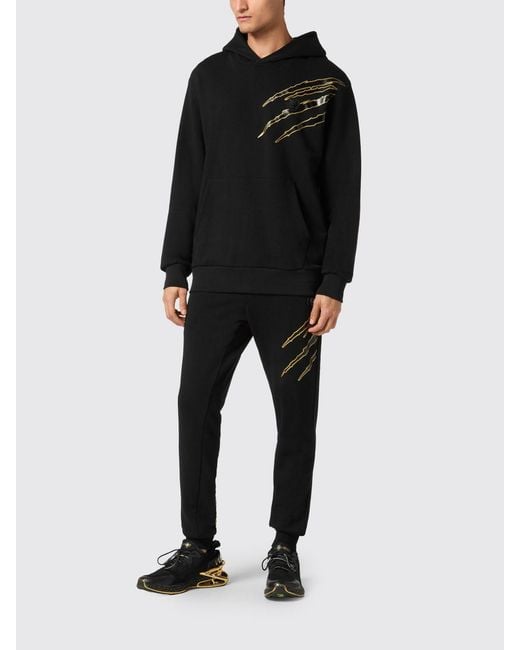 Philipp Plein Black Cotton Hoodie With Graphic Print And Hexagon Logo for men