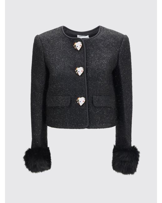 Self-Portrait Black Cropped Bouclé Blazer With Jewel Buttons And Fur Cuffs
