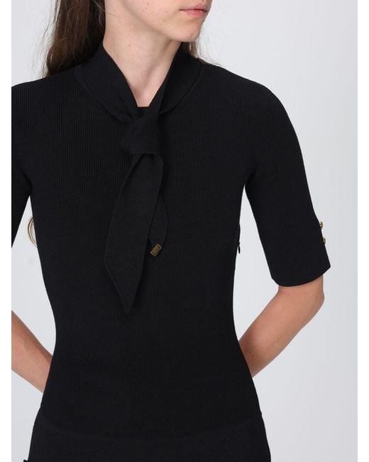 Elisabetta Franchi Black Knit Mini Dress With Pussy-Bow Collar And Pockets