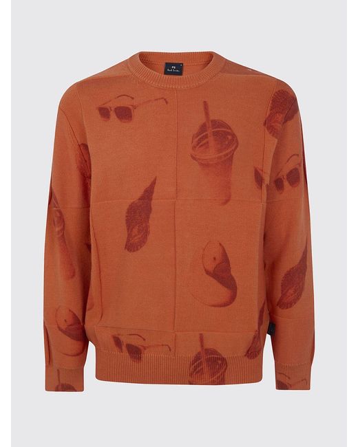 Paul Smith Orange Cotton Crew Neck Pullover With Graphic Print for men