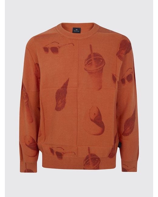 Paul Smith Orange Cotton Crew Neck Pullover With Graphic Print for men