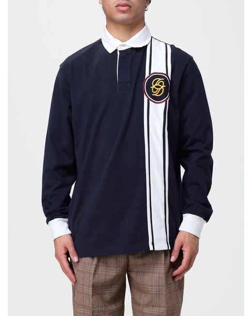 Drole de Monsieur Blue Striped Long-Sleeve Cotton Polo Shirt With Monogram for men