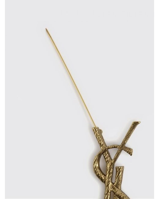 Saint Laurent White Cassandre Brushed Brass Brooch