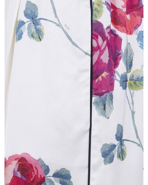 N°21 White Straight Cotton Blend Trousers With Floral Print