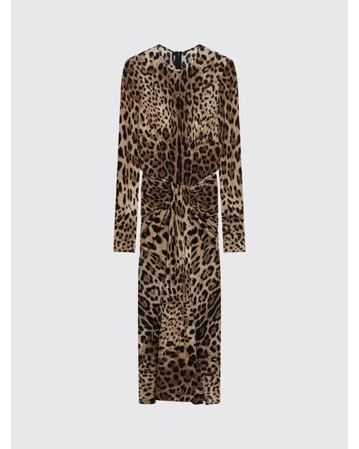 Dolce & Gabbana Brown Dolce &Amp Gabbana Animalier Print Viscose Midi Sheath Dress With Knotted Waist