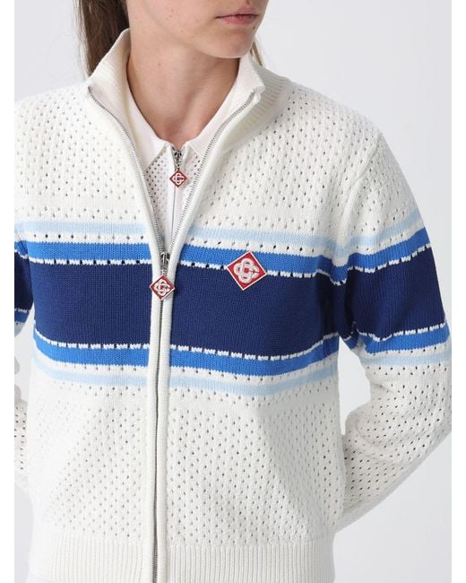 Casablanca Blue Striped Perforated Knit Zip-Up Sweatshirt With High Neck