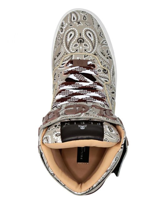 Philipp Plein White High-Top Leather Sneakers With Paisley Print And Padded Ankle for men