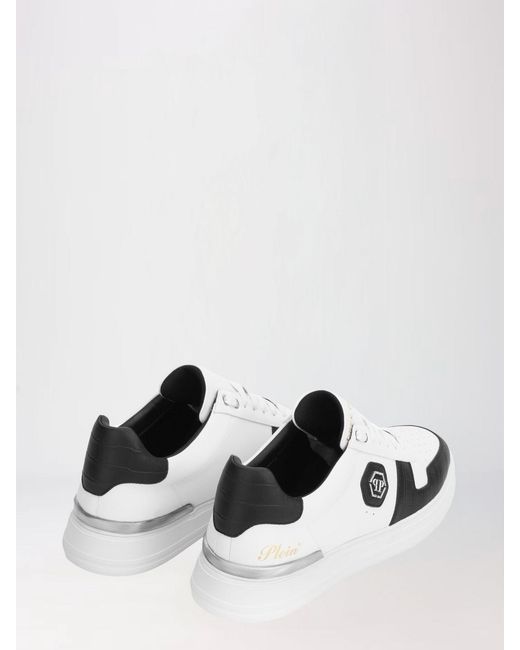 Philipp Plein White Low-Top Smooth Leather Sneakers With Hexagon Logo for men