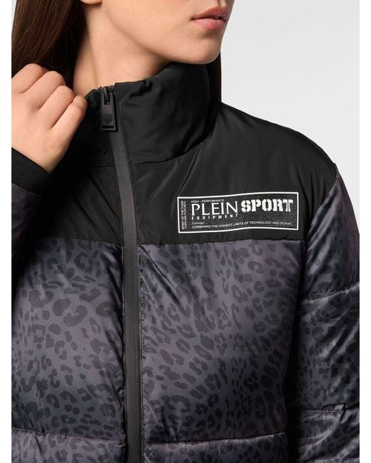 Philipp Plein Black Animal Print Nylon Short Puffer Jacket With High Collar