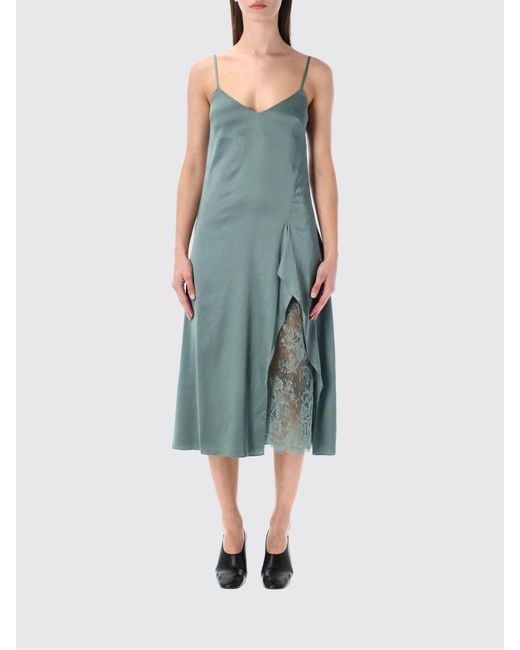 Acne Blue Viscose Blend Slip Dress With Lace Insert