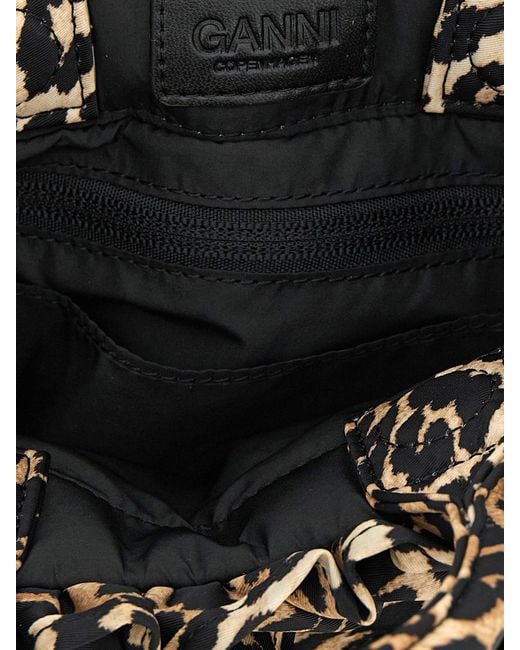 Ganni Brown Animal Print Canvas Bag With Ruffles