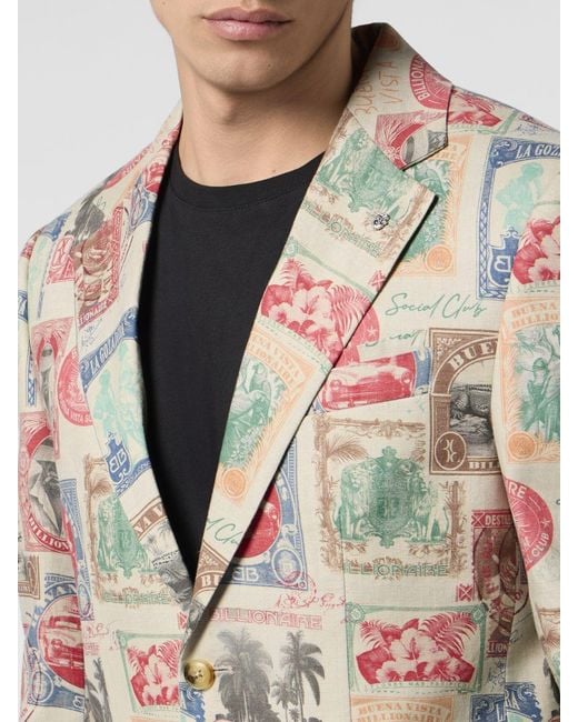 Billionaire Natural Single-Breasted Linen Blazer With Graphic Print And Lapel Collar for men