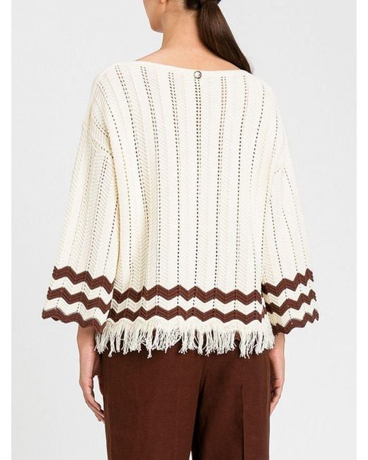Pull En Coton À Motif Zigzag Avec Base À Franges Twinset en coloris White